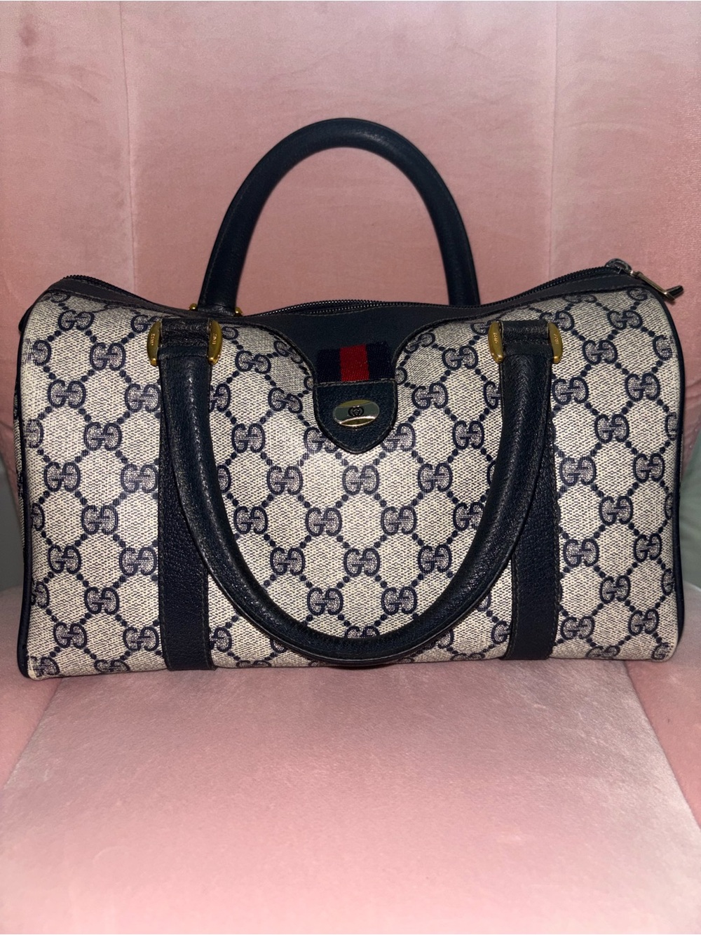Gucci Beige/Navy GG Canvas Top-Handle Satchel with Web Stripe